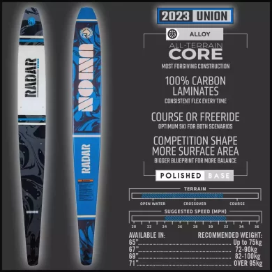 2023-union-ALLOY-waterski-mens-100% carbon fiber for a consistent flex every time.