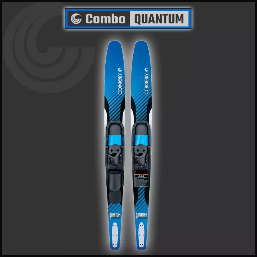2022-connelly-Quantum Beginner combo waterskis delivers performance and value. The wide tails and shallow, narrow tunnels assist in easy deep water starts