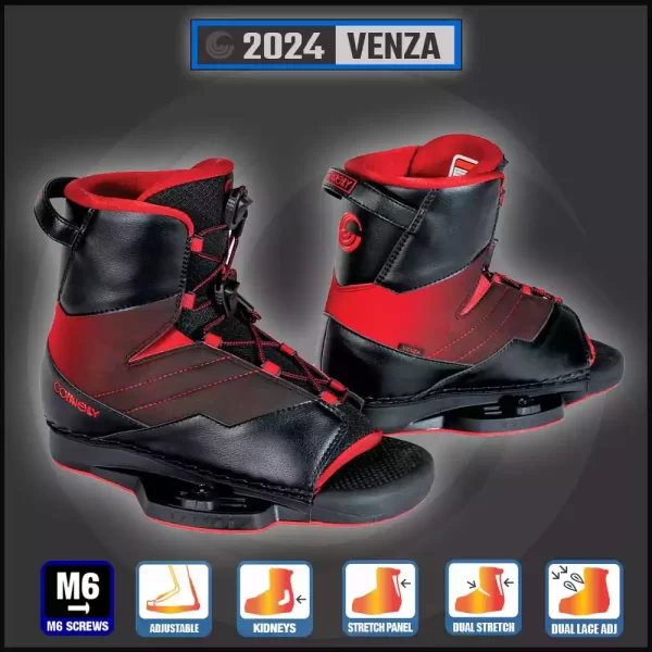 connelly VENZA Wakeboard boot design can accommodate a wide array of foot sizes with a liner that stretches out or cinches down to the desired fit.